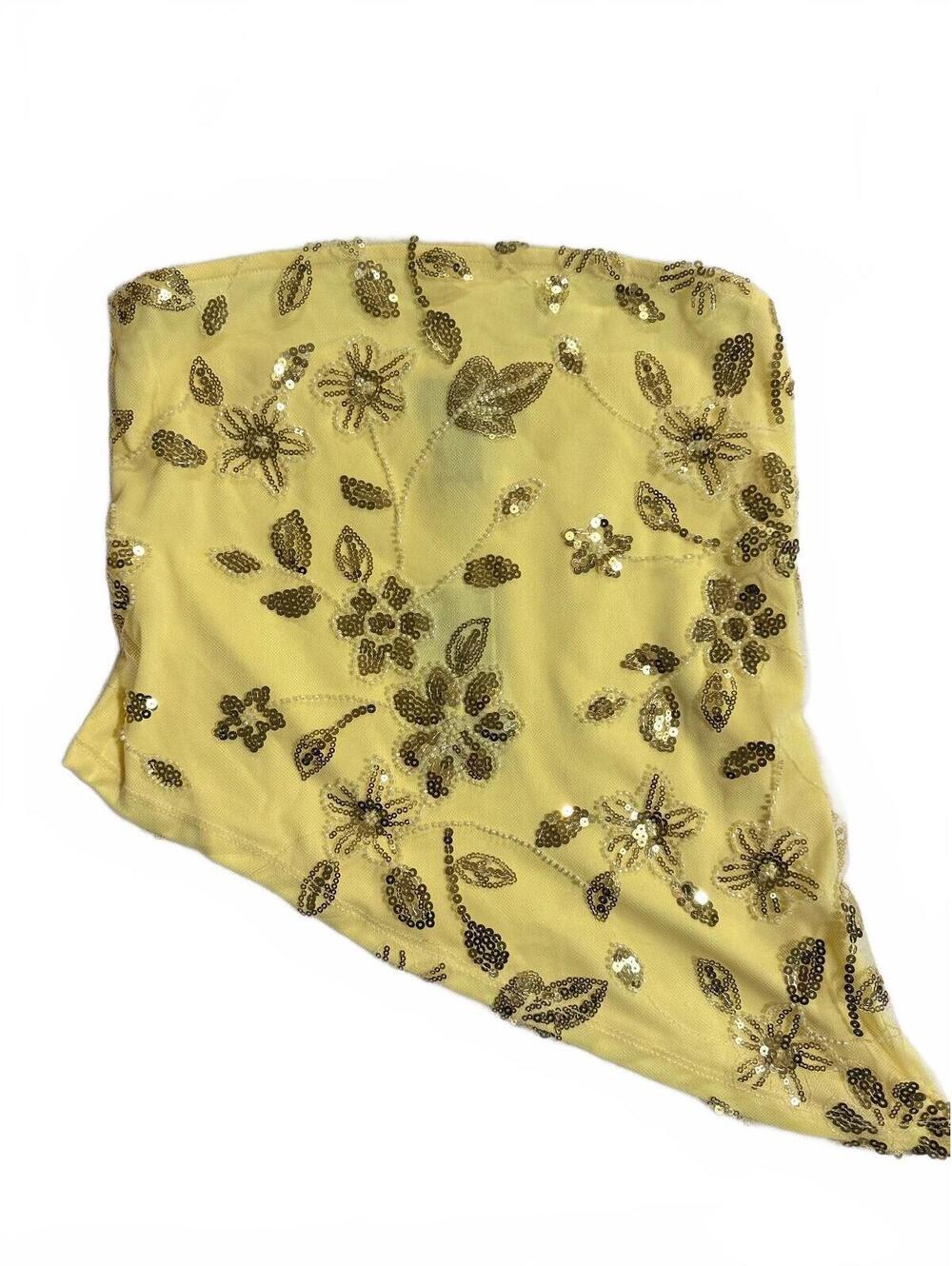 Yellow Sequin Floral Embroidered Strapless Asymmetric Top